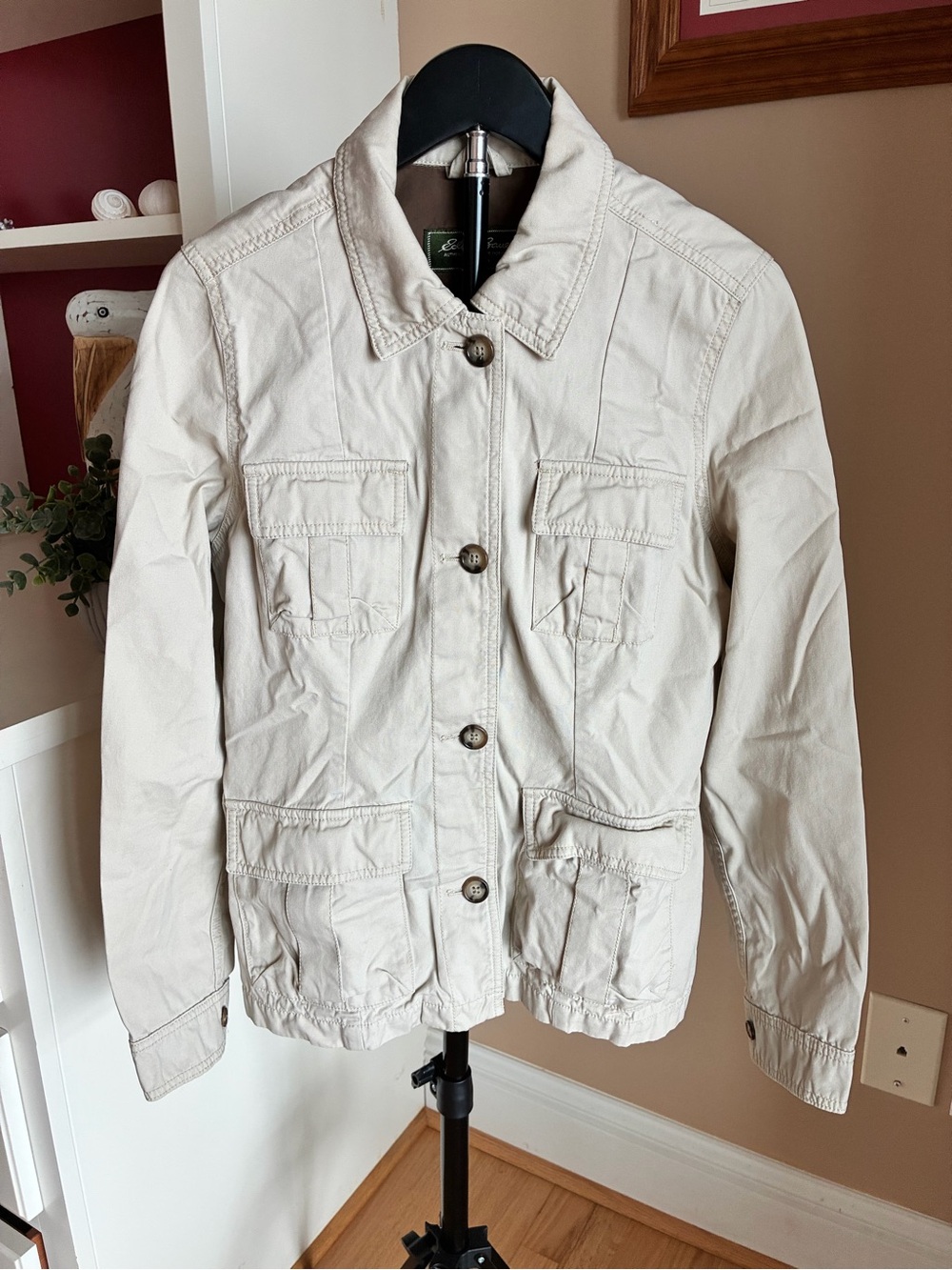 Eddie Bauer S Khaki Lightweight Utility Jacket 100% Cotton Cargo Pocket 4-Button